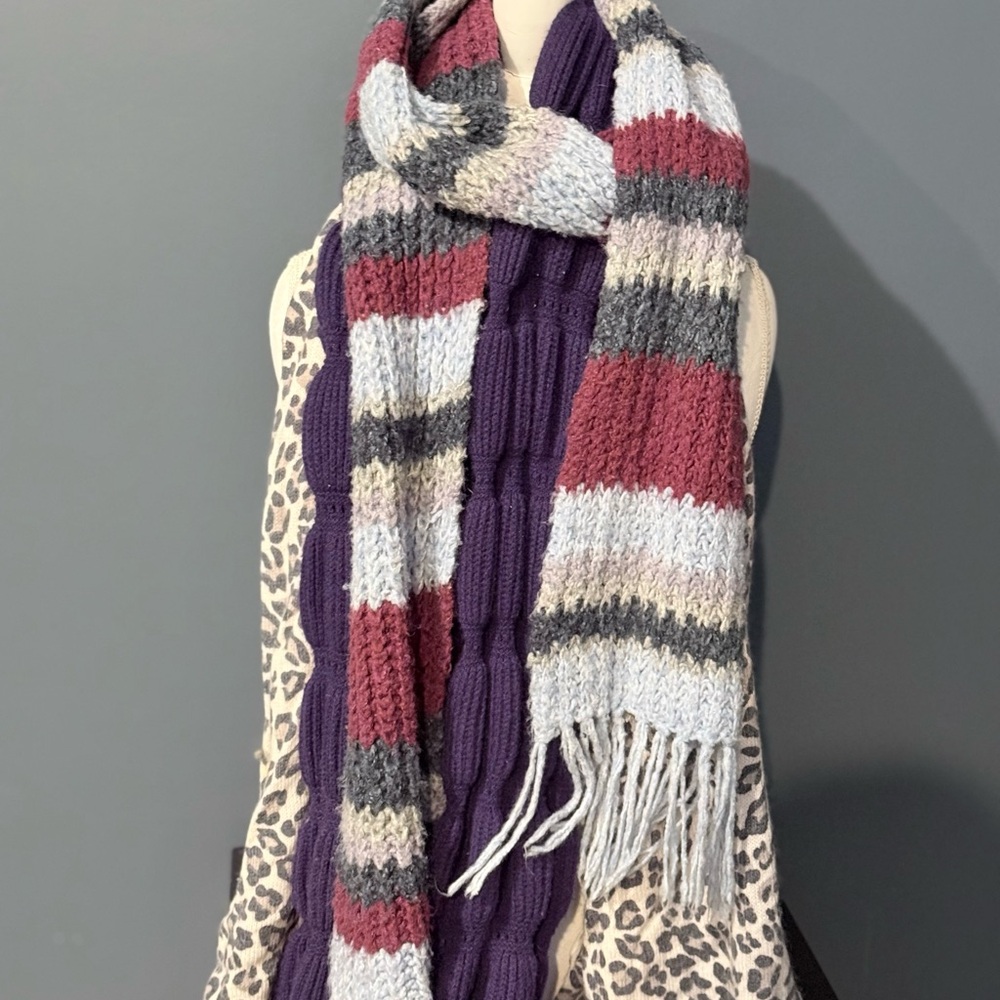 3 scarves - 1 h&m leopard, 1 purple knit, 1 grey blue maroon purple striped knit